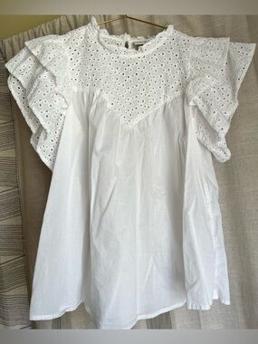 A New Day White Eyelet Ruffle Sleeve Top M Lightweight Boho Blouse
